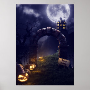 Eerie Halloween Night Full Moon & Spuk House Poster