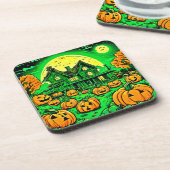 Eerie Nightfall: Halloween Cartoon Pumpkin Patch Getränkeuntersetzer (Linke Seite)