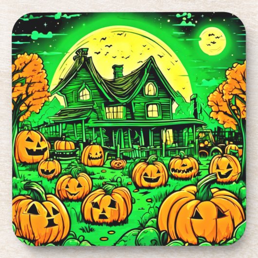 Eerie Nightfall: Halloween Cartoon Pumpkin Patch Getränkeuntersetzer (Vorderseite)