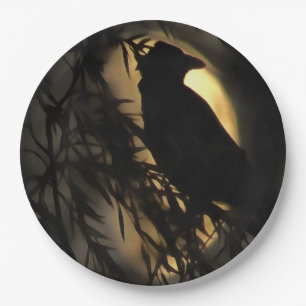 Eerie Raven Silhouette gegen den blühenden Mond Pappteller