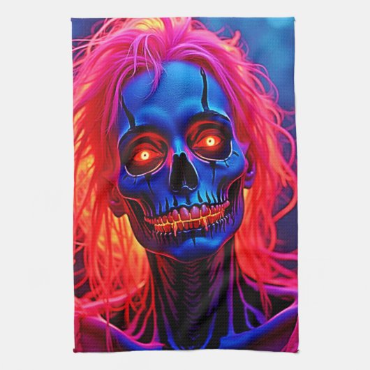 Eerie Skeleton mit rosa Haarentwerfen Geschirrtuch (Vertikal)