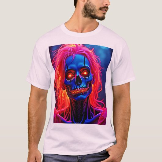 Eerie Skeleton mit rosa Haarentwerfen T-Shirt (Vorderseite)