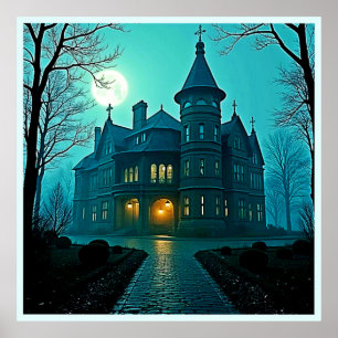 Eerie Viktorianisch Mansion Moonlight Poster