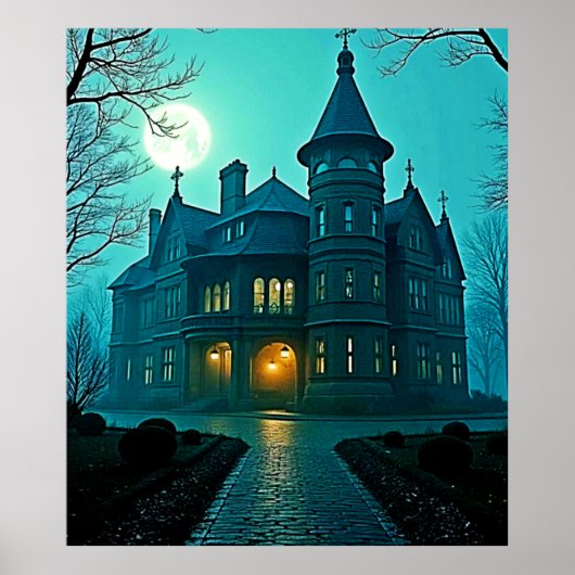 Eerie Viktorianisch Mansion Moonlight Poster (Vorne)
