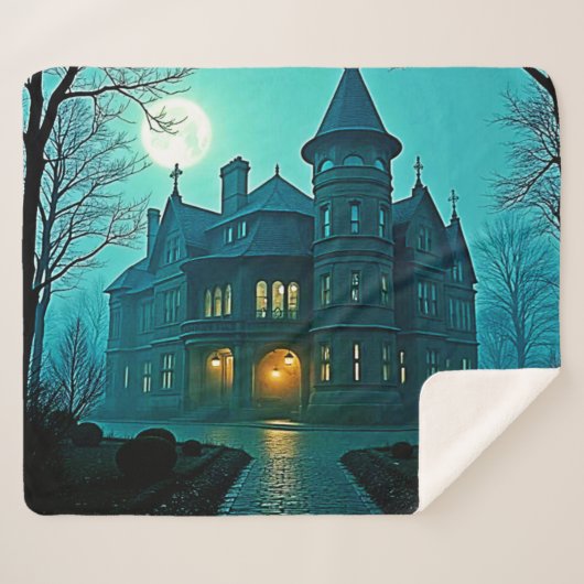 Eerie Viktorianisch Mansion Moonlight Sherpadecke (Vorderseite (Horizontal))