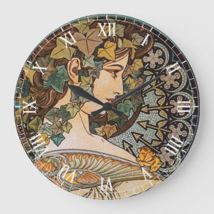 Efeu-Haar-Mädchen-Gemälde von Alphonse Mucha Große Wanduhr