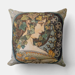Efeu-Haar-Mädchen-Gemälde von Alphonse Mucha Kissen