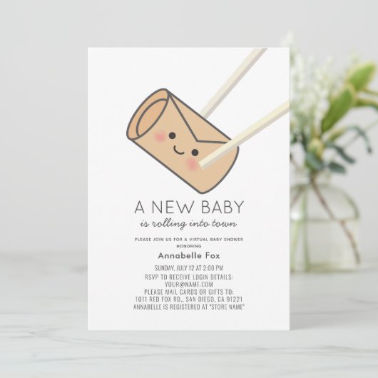Egg Roll Kawaii Virtual Baby Dusche Einladung (Stehend Vorderseite)