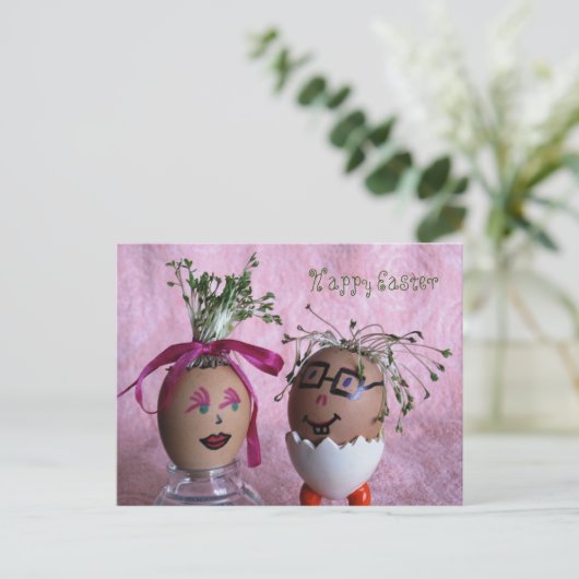 Eggmen Couple Fun Ostern Postkarte (Stehend Vorderseite)