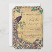 Eggplant Aqua Peacock Vintag 3 Feathers Einladung (Vorderseite)