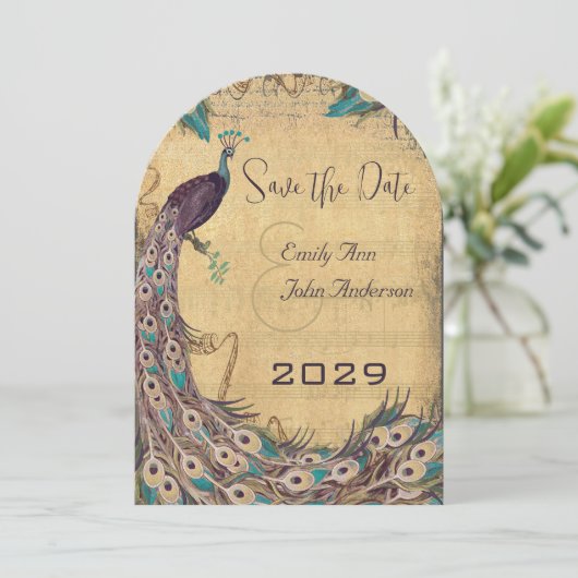 Eggplant Aqua Peacock Vintag 3 Feathers Einladung (Stehend Vorderseite)