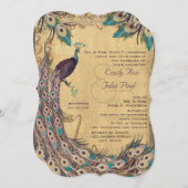Eggplant Aqua Peacock Vintag 3 Feathers Einladung (Vorne/Hinten)