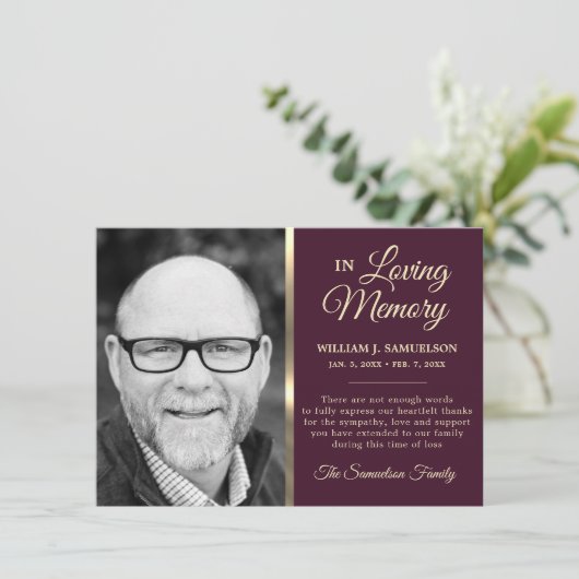 Eggplant Beileid Beerdigung Gedächtnis DANK IHNEN Dankeskarte (Stehend Vorderseite)