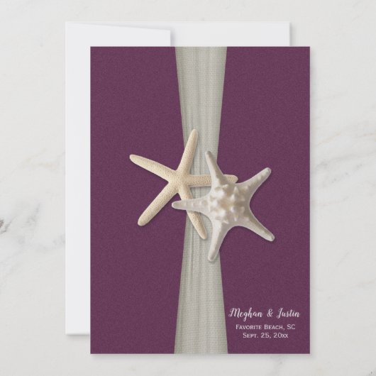 Eggplant Grey Starfish Beach Hochzeit Einladung (Rückseite)