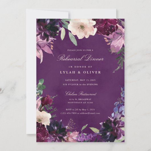 Eggplant Lila Blumenfest Probe Dinner Einladung (Vorderseite)