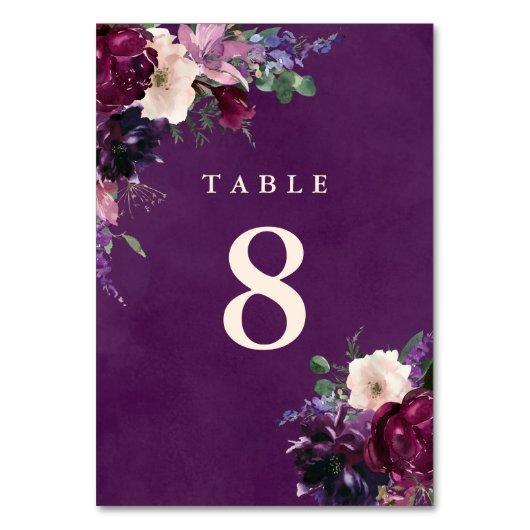 Eggplant Lila Blumenhochzeit Tischnummer (Vorderseite)