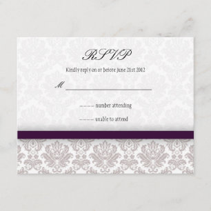 Eggplant Lila Damask Bow Wedding RSVP Karte