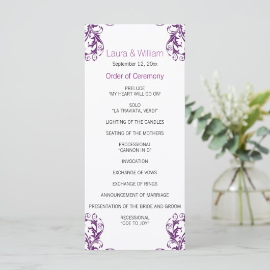 Eggplant Lila Damask Wedding Program Programm (Stehend Vorderseite)