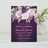 Eggplant Lila Floral QR Code Dunkle Moody Wedding Einladung (Stehend Vorderseite)