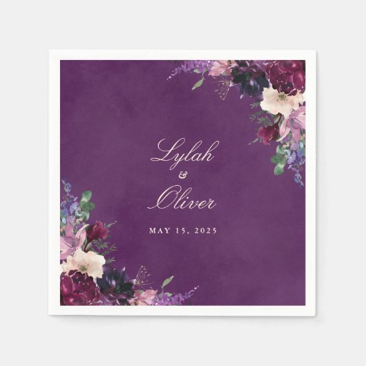 Eggplant Lila Floral Wedding Napkins Serviette (Vorderseite)