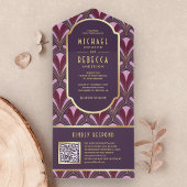 Eggplant Lila Gold Art Deco QR Code Hochzeit All In One Einladung