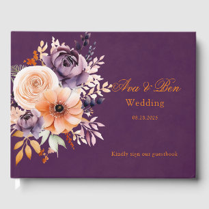Eggplant Lila Orange Floral Wedding Gästebuch