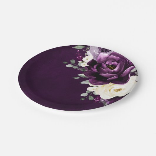 Eggplant Lila Plum Elfenbein Weiße Blumenzange Pa Pappteller (Schrägansicht)