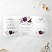 Eggplant Lila Plum Elfenbeinblütenhochzeit Dreifach Gefaltete Ankündigung (Innenseite)