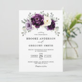 Eggplant Lila Plum Elfenbeinblütenhochzeit Einladung (Stehend Vorderseite)