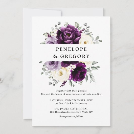 Eggplant Lila Plum Elfenbeinblütenhochzeit Einladung (Vorderseite)