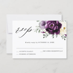 Eggplant Lila Plum Elfenbeinblütenhochzeit RSVP Karte