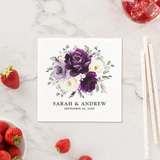 Eggplant Lila Plum Elfenbeinblütenhochzeit Serviette (Beispiel)