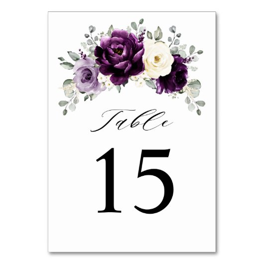 Eggplant Lila Plum Elfenbeinblütenhochzeit Tischnummer (Vorderseite)