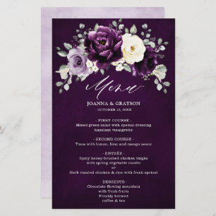 Eggplant Lila Plum Ivory Floral Wedding Menu