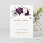Eggplant Lila Plum Ivory Gold Floral Wedding Einladung (Stehend Vorderseite)
