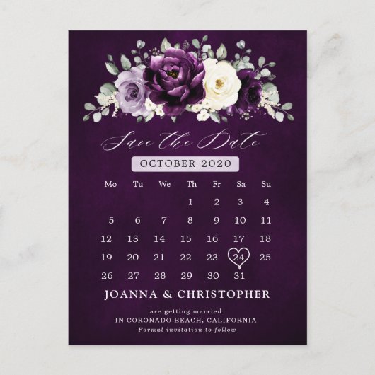 Eggplant Lila Plum Ivory Save the Date weiß Postkarte (Vorderseite)