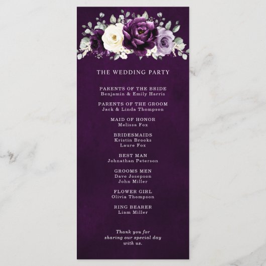 Eggplant Lila Plum Ivory White Floral Wedding Pr Programm (Rückseite)
