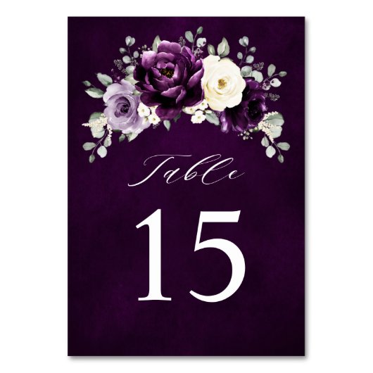 Eggplant Lila Plum Ivory White Floral Wedding Ta Tischnummer (Vorderseite)