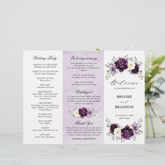 Eggplant Lila Plum Ivory White Tri-Fold-Programm (Stehend Vorderseite)