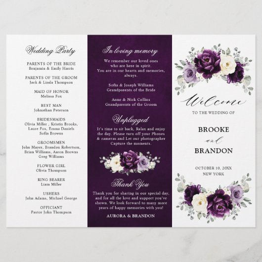 Eggplant Lila Plum Ivory White Tri-Fold-Programm (Vorderseite)