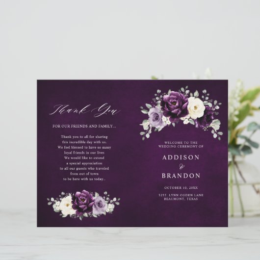 Eggplant Lila Plum Ivory White Wedding Program (Stehend Vorderseite)