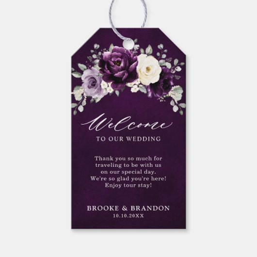 Eggplant Lila Plum Ivory White Wedding Willkommen Geschenkanhänger (Vorderseite)