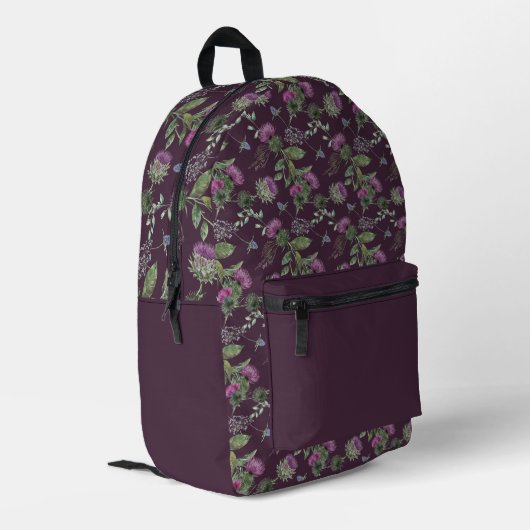 Eggplant Lila Scottish Thistle Bedruckter Rucksack (Rückseitige Ecke links)