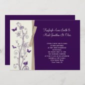 Eggplant Lila Tan Ivory Floral Butterfliegen Einladung (Vorne/Hinten)