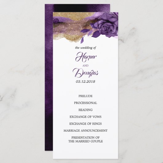 Eggplant Lila- und Gold-Glitzer-Hochzeitsprogramme Programm (Vorne/Hinten)