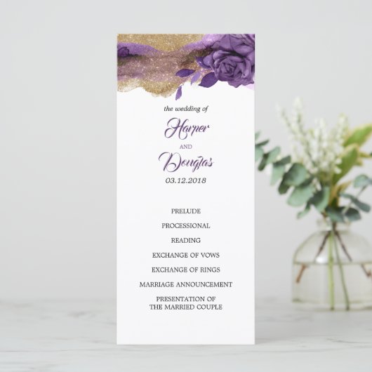Eggplant Lila- und Gold-Glitzer-Hochzeitsprogramme Programm (Stehend Vorderseite)