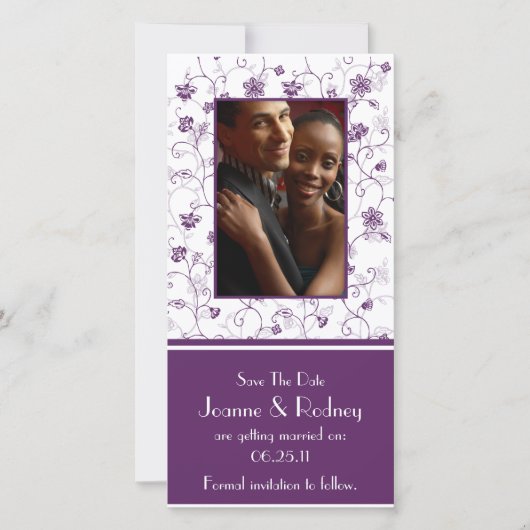 Eggplant Lila und weißes Foto Save the Date (Vorderseite)