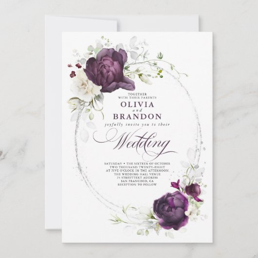 Eggplant Lila und White Floral Boho Wedding Einladung (Vorderseite)
