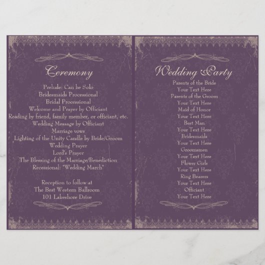 Eggplant Lila Vintage Wedding Zeremonie Programm (Vorderseite)