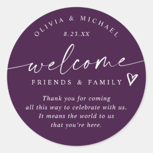 Eggplant Lila Wedding Welcome Hotel Bag Runder Aufkleber